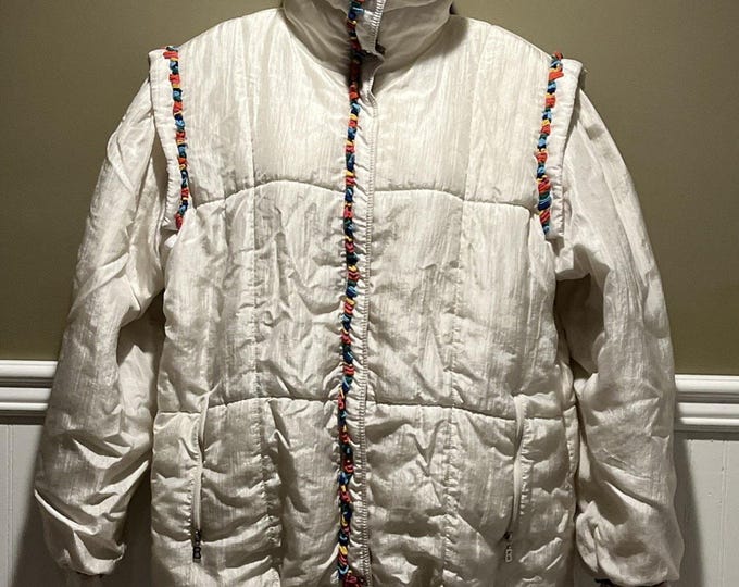 Vintage Bogner Ski Jacket Ivory Colorful Fringe High Neck Sz L?