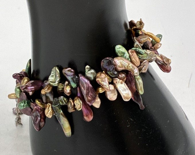 Multicolor Freshwater Pearl Double Strand Bracelet Iridescent Purple Green 9”