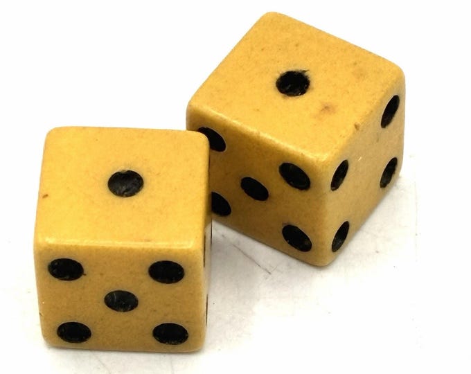 Vintage Miniature Dice Pair Yellow Black Pips Small 1/2 Inch Game Pieces