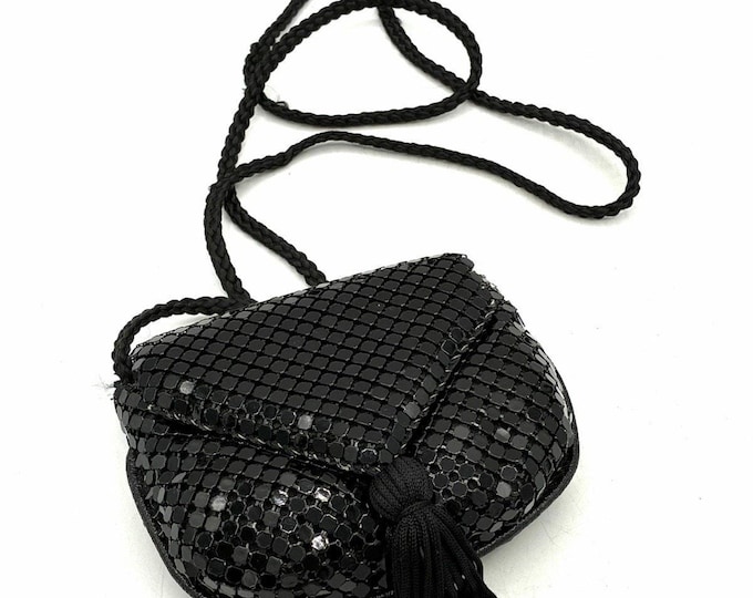 Vintage 1980s Moni Starbags Black Metal Mesh Mini Purse Tassel Evening Bag