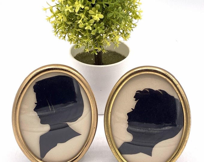 Vintage Silhouette Portrait Pair Gold Oval Frames Columbia Mid-Century