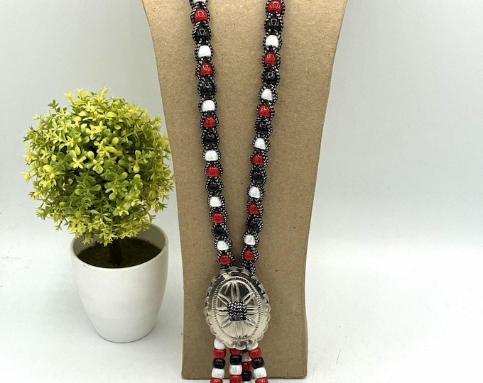 Vintage 36” Red Black White Beaded Medallion Tassel Statement Necklace