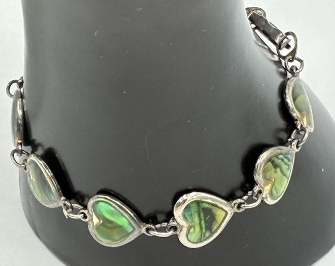 Vintage Abalone Heart Link Bracelet Silver Tone Green Iridescent 7 Inch