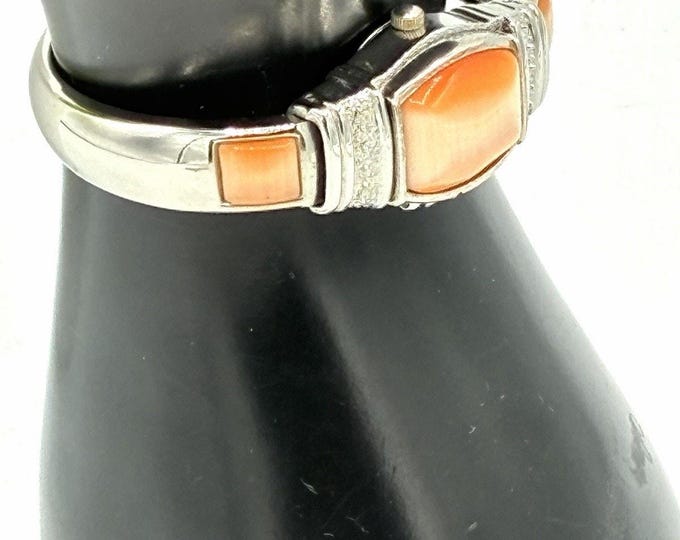 Alex L Womens Bangle Cuff Watch Silver Tone Peach Cats Eye Stone Japan Quartz