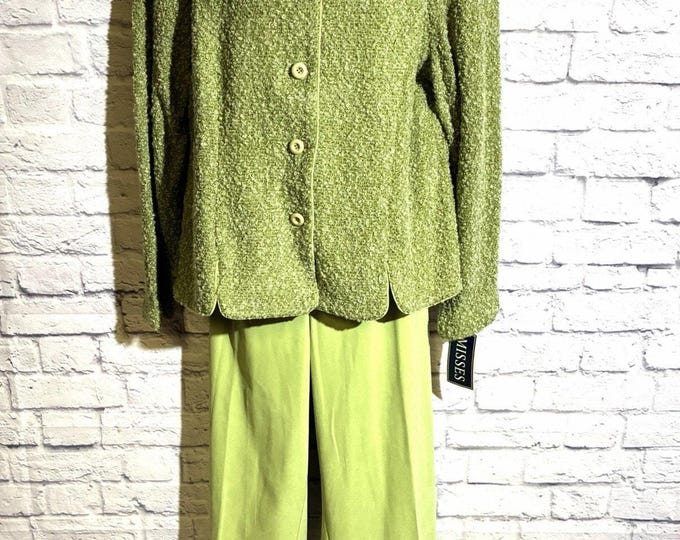 Vintage Sag Harbor Green Bouclé Jacket Pants Suit Size 18 NWT Wool Blend