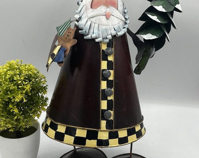 Folk Art Metal Santa – Checkerboard Trim Christmas Figure with Tree & Teddy Bear 13”