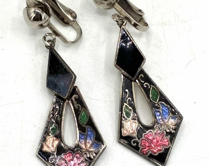 Vintage Silver Tone Cloisonne Enamel Dangle Clip Earrings Black Floral Kite 2in