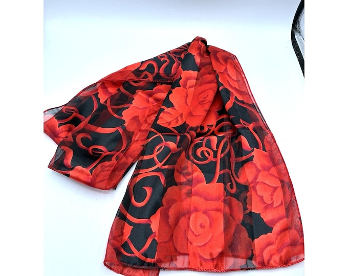 Vintage Sheer Red Rose Scarf Black Floral Long 58x14 Romantic Goth