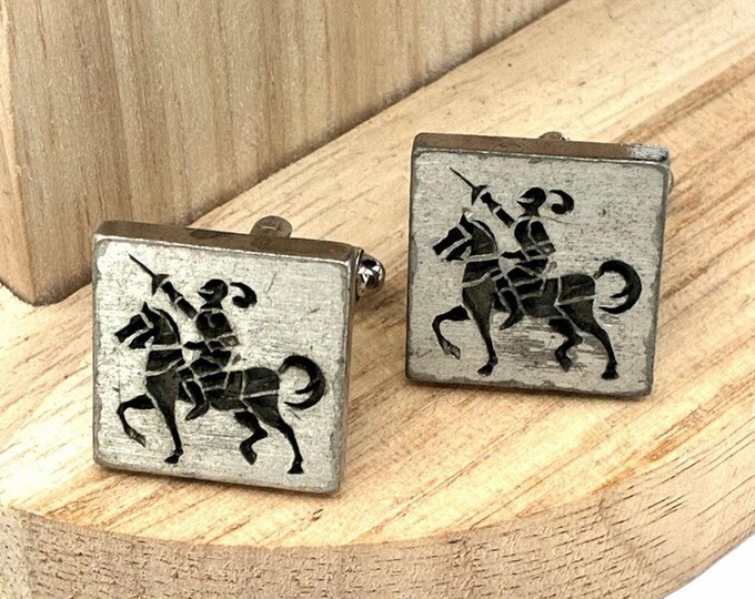 Vintage Silver Tone Cufflinks Etched Knight on Horseback Heraldic Mid Century