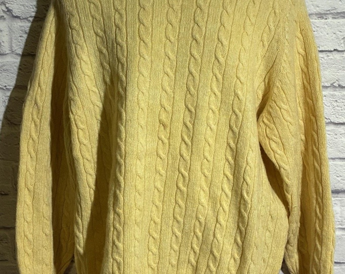 Bowen & Wright Men XXL Shetland Wool Cable Knit Sweater Butter Yellow Vintage