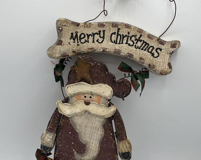 Vintage Primitive Folk Art Santa Claus Wood Wall Hanging Rustic Christmas Decor