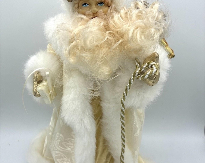 13.5" Santa Claus Christmas Tree Topper Ivory Gold Brocade Robe Gift Sack