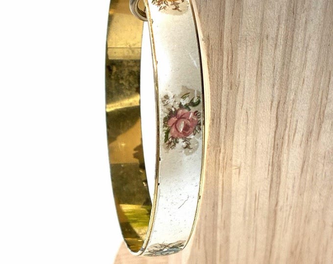 Vintage Floral Enamel Bangle Bracelet Cream Rose Gold Tone Cottagecore