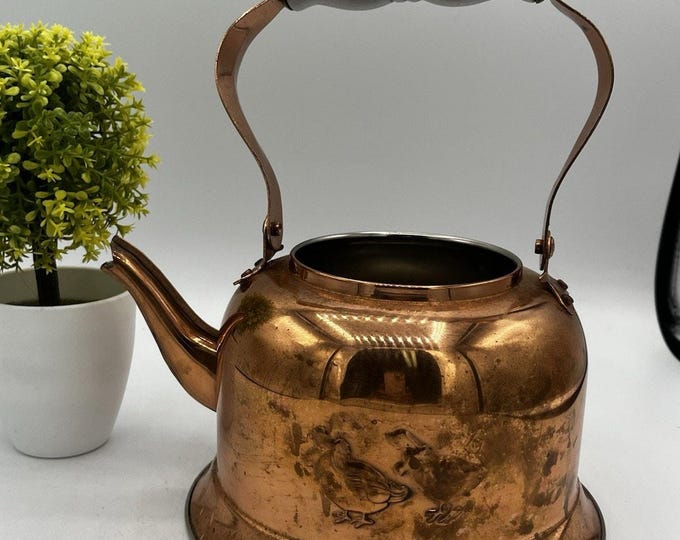 Vintage Copper Tea Kettle with Ceramic Handle & Goose Motif Made in Korea AS IS