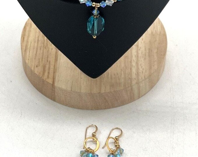 Aqua & Clear Crystal Jewelry Set – Gold Tone Necklace with Matching Dangle Earrings – Sparkling Beaded Gift