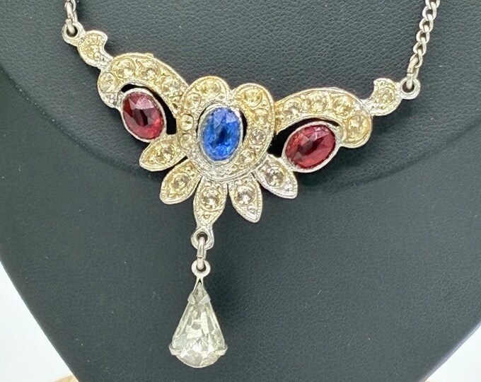 Vintage Silver Tone Rhinestone Blue Red Crystal Drop Pendant Necklace 14 inch