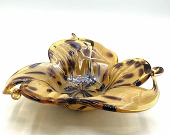 Vintage Italiaanse kunstglazen schaal – Amberkleurige schildpad Murano stijl bloemenschaal 20 cm
