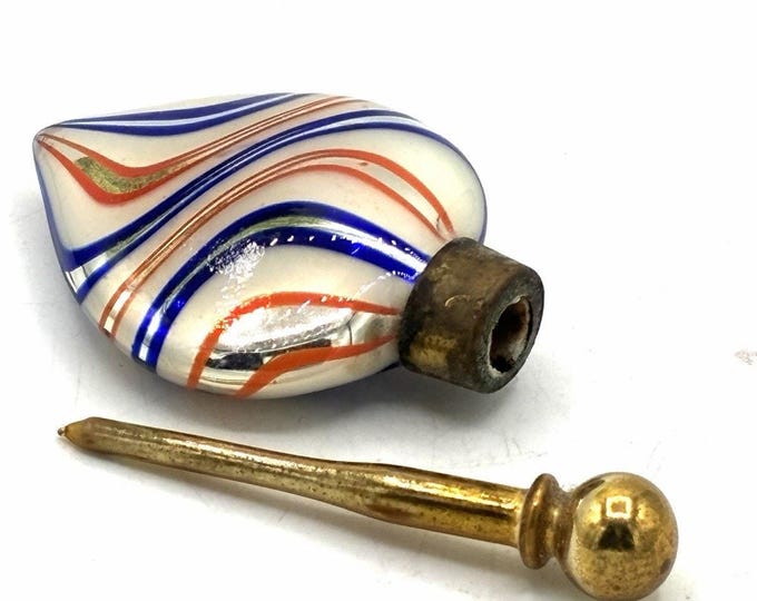 Antique Miniature Latticino Glass Scent Bottle Cobalt Blue Red Gold Dauber