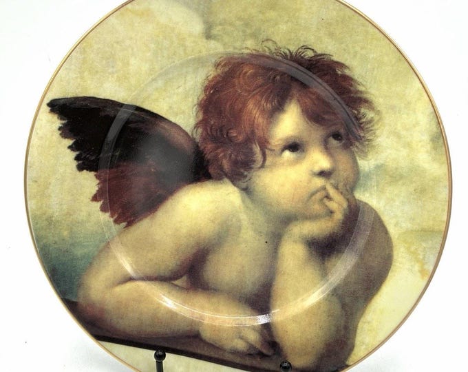 Vintage Email de Limoges Raphael Cherub Angel Porcelain Plate 10" Gold Rim