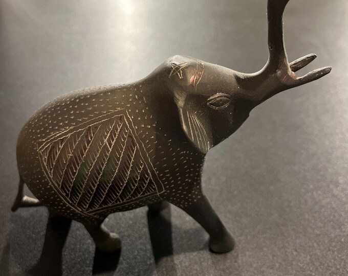 Brass Elephant 6”x5” Tall Trunk Up Luck Colorful Hand Etched Sculpture Figurine