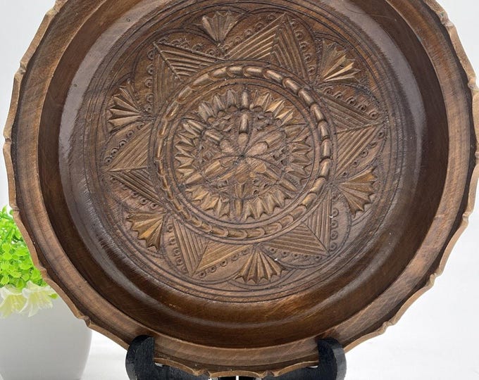 Vintage 1970s Hand Carved Wooden Wall Plate Geometric Mandala 9.5 Inch