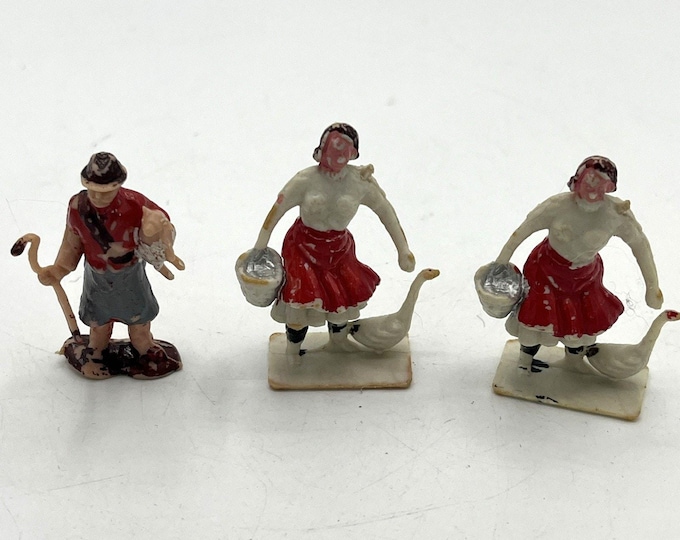 Vintage Hong Kong Plastic Folk Figurines Peasant Woman Farmer Set of 3
