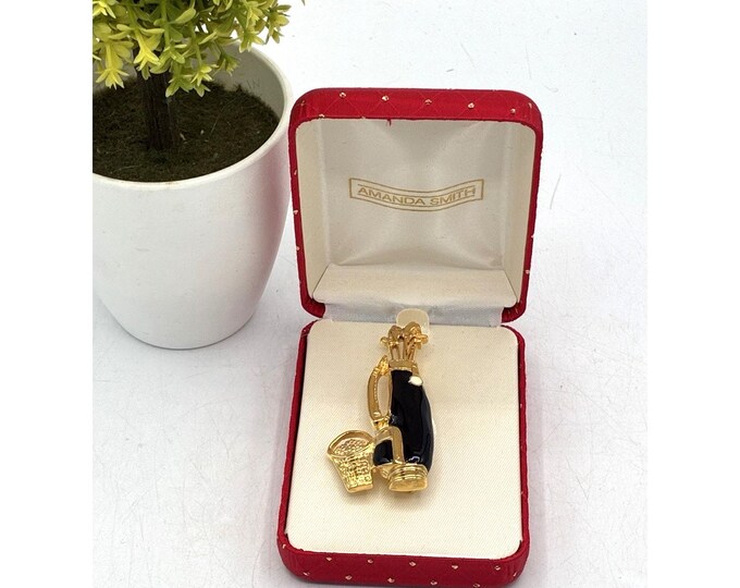 Vintage Amanda Smith Golf Bag Brooch • Black Enamel Gold Tone Pin • 2” Sports Gift in Box