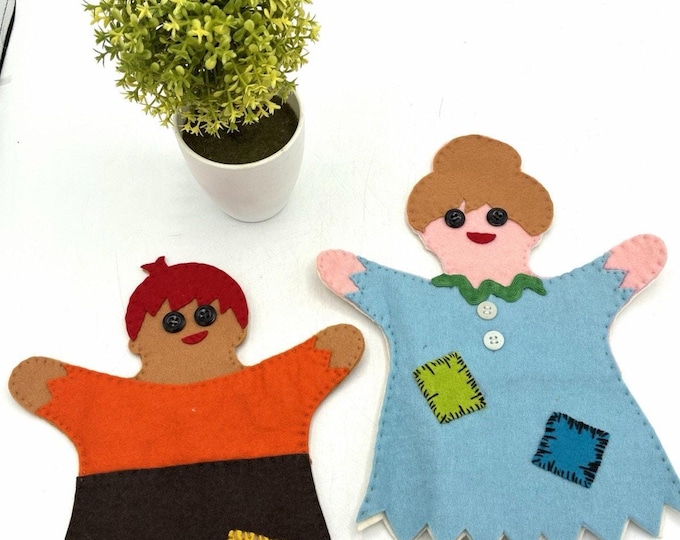 Vintage Handmade Felt Hand Puppets Pair Folk Art Man Woman Button Eyes
