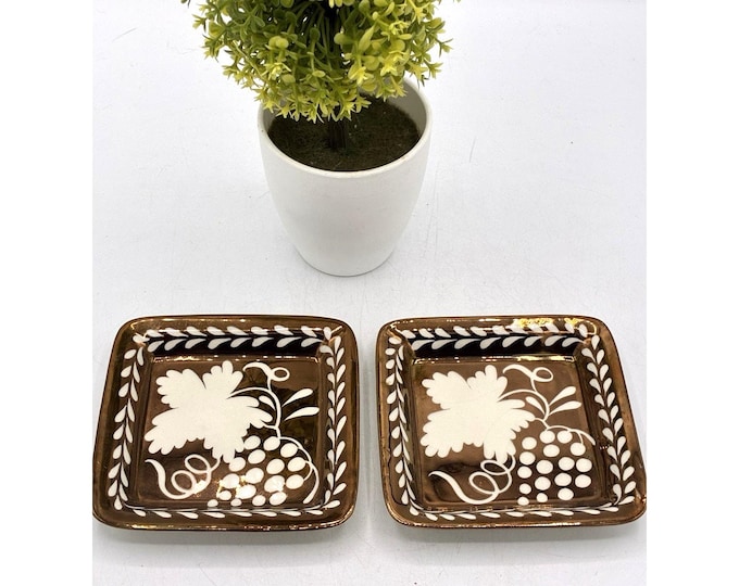 Gray’s Pottery Copper Lustre Square Dishes Pair Stoke England Hand Painted