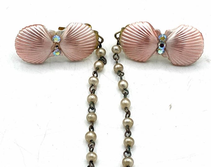 Vintage Pink Shell Sweater Guard Clips AB Rhinestone Faux Pearl Chain
