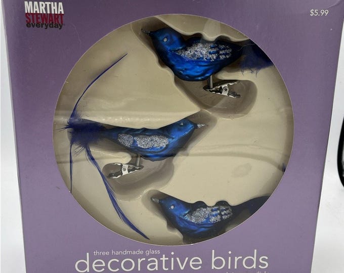VTG Martha Stewart Twilight Christmas Glass Feather Bird Ornaments '07 Blue HTF