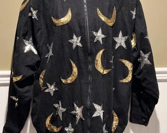 Vtg MODI Denim Sequin Stars Moon Zip Front Jacket Sz M (8-10) Black Gold Silver