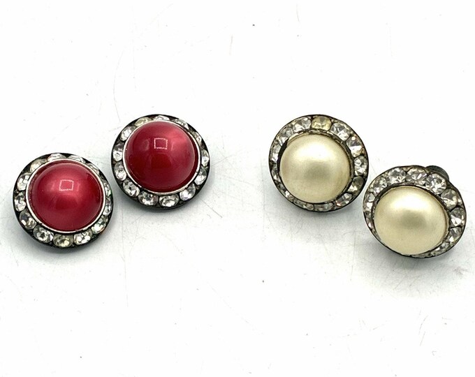 Vintage Rhinestone Cabochon Earrings Lot 2 Pairs Red Cream Screw Clip On