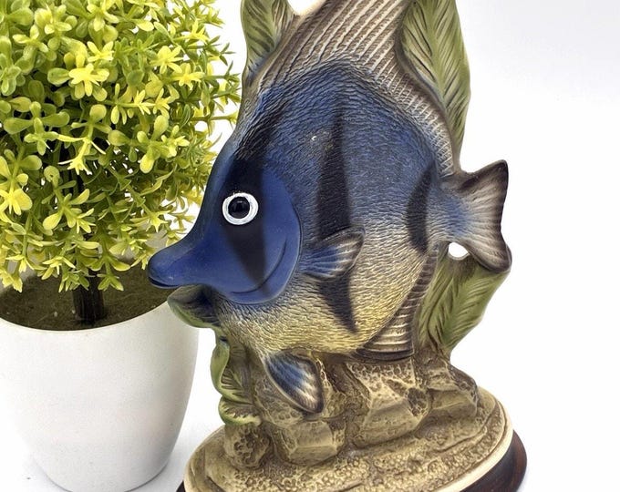 Vintage 1982 Signed Artist Tropical Angelfish Resin Figurine Wood Base Coastal