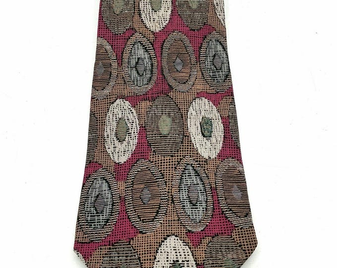 Vintage Albert Nipon Silk Necktie Abstract Oval Geometric Pink Brown Tie