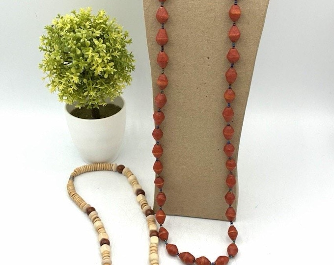 Set 2 Long Boho Bead Necklaces Wood Rolled Paper Orange Natural Tribal Style