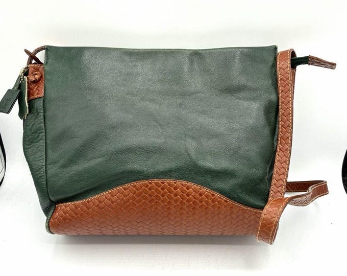 Vintage Giani Bernini Leather Crossbody Bag Green Brown Woven Trim Distressed