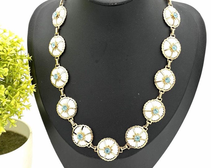 Vintage White Flower Panel Link Necklace Blue Rhinestone Gold Tone 1950s 60s