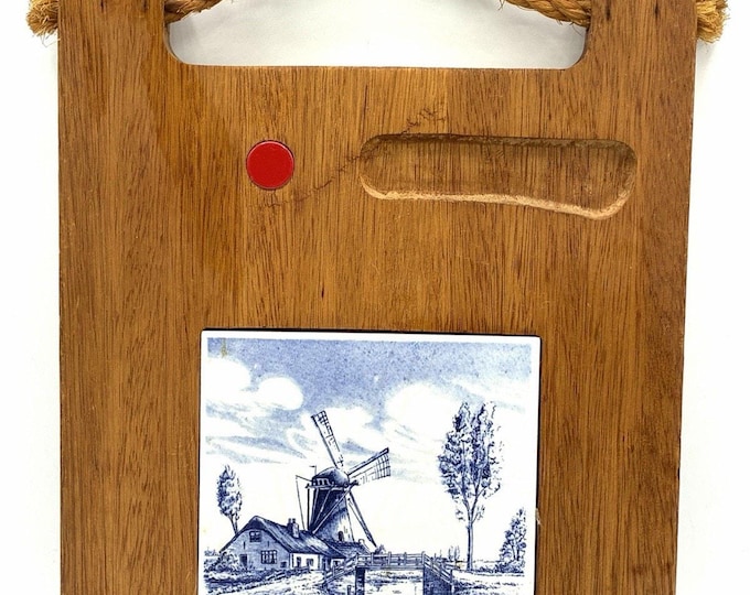 Vintage Blue White Windmill Tile Wall Plaque Wood Frame Dutch Delft Style 9.5x8