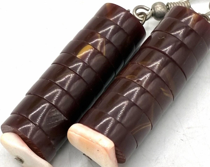 Brown Stone Stacked Disc Dangle Earrings 1.25” French Wire Heishi Style Boho