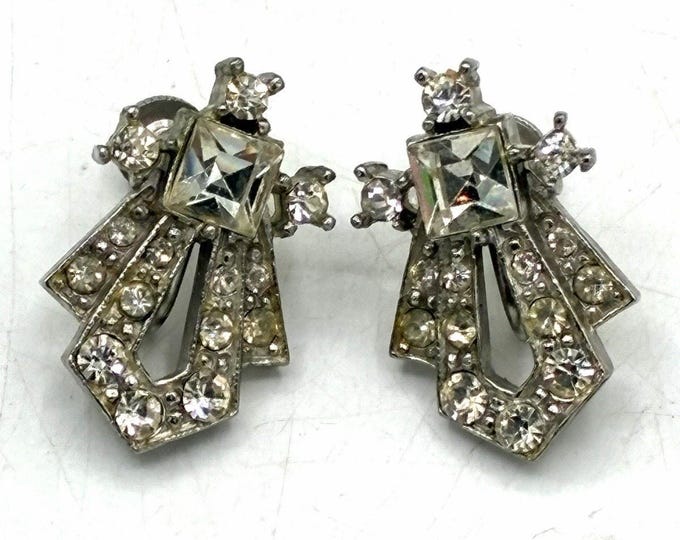 Vintage Art Deco Rhinestone Clip Earrings Geometric Screw-Back 1.25”
