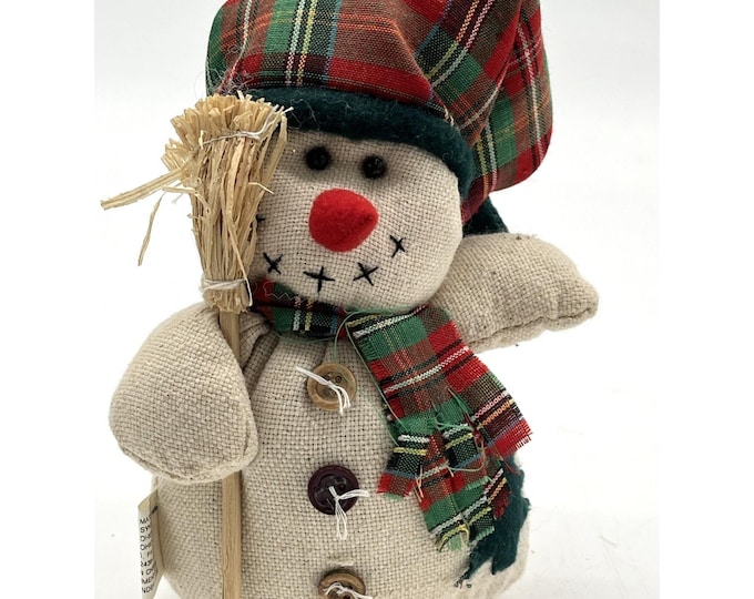 Vintage Plush Snowman Shelf Sitter – 7” with Broom & Scarf, Holiday Décor