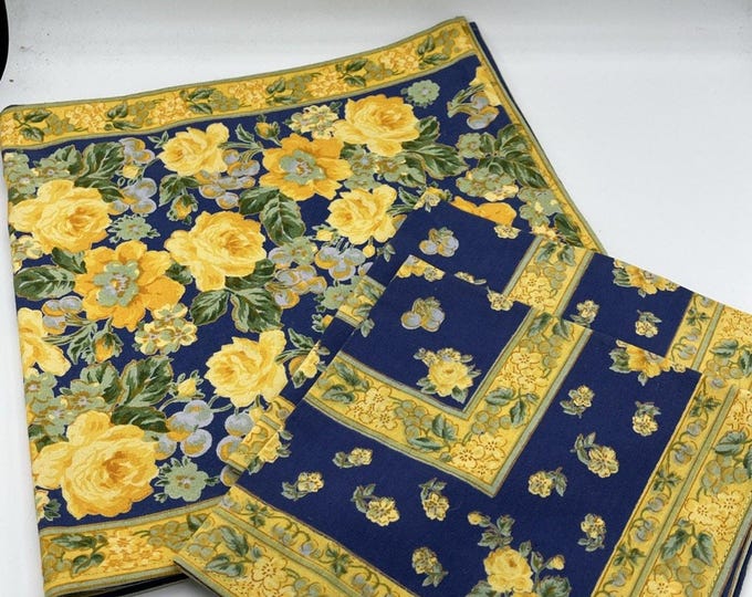 Vintage Cornell Trading Yellow Blue Floral Runner & Napkins – French Country