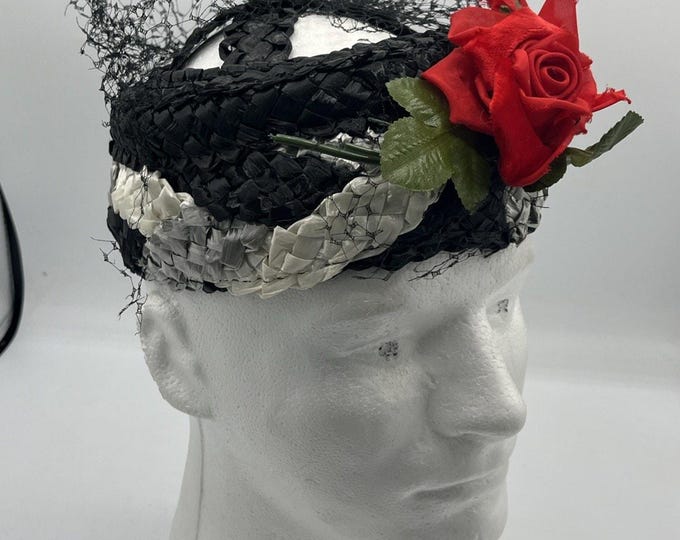 Vintage Black White Gray Pillbox Hat Straw Cellophane W Flower Leaf Netting
