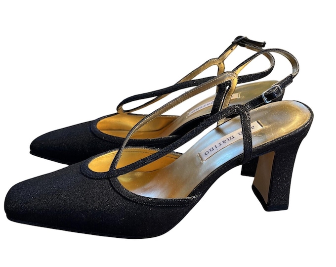 Vintage Ann Marino Black Evening Shoes Strappy Block High Heel 8.5M Square Toe