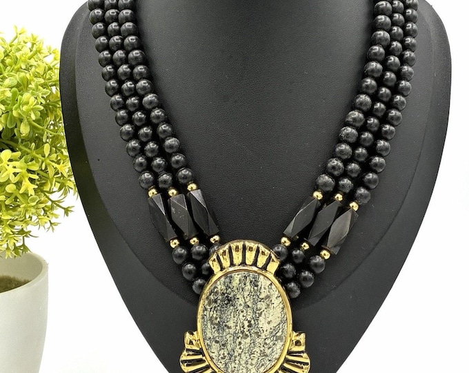Black Multi Strand Beaded Necklace Gold Tone Medallion Statement 20”