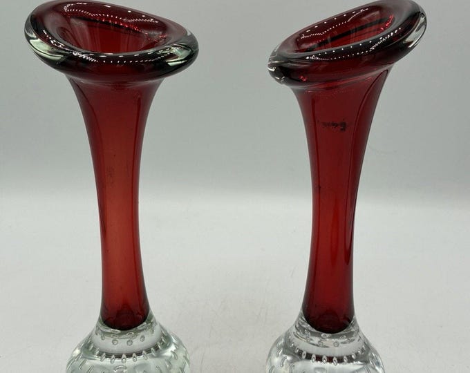Pair Vintage Ruby Red Controlled Bubble Glass Trumpet Bud Vases 7" MCM