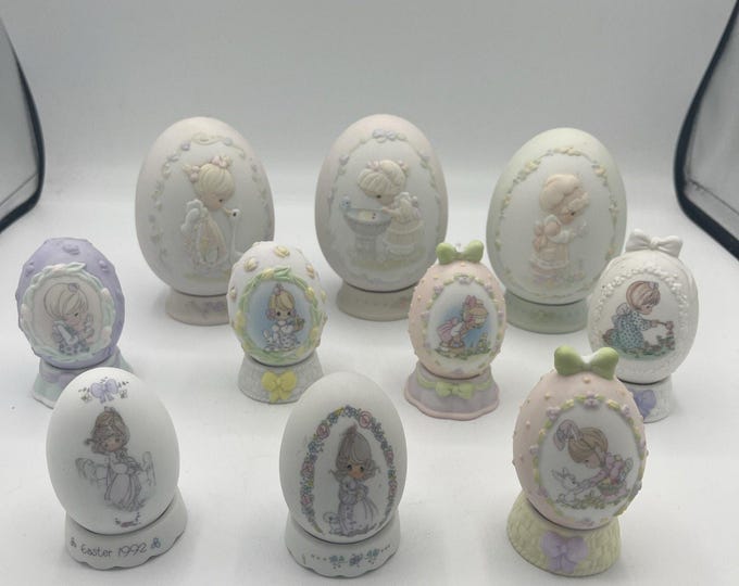 Enesco Precious Moments Porcelain Easter Egg Figurine Lot 10 w Stands 1992