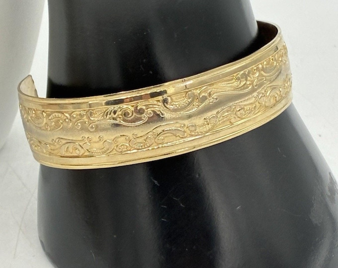Vintage Gold Tone Wide Cuff Bracelet Embossed Floral Scroll Pattern Unsigned