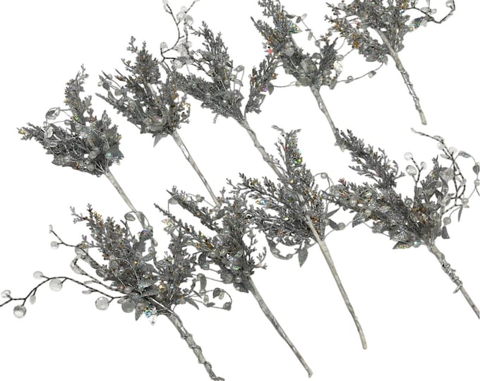 Vintage Silver Glass Beaded Jewel Branch Christmas Floral Pick Set 9 Glitter